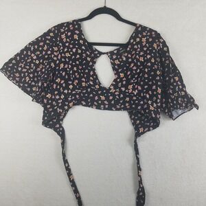 Arrive Womens Floral Crop Top‎ Black Pink Orange Keyhole Back Wrap Tie Large